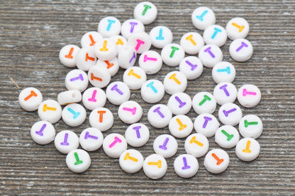 Letter T Alphabet Beads, Multicolored White Alphabet Letter Beads, Acrylic White Letters Beads, Round Acrylic Beads, Name Beads, Size 7mm