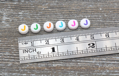 Letter J Alphabet Beads, Multicolored White Alphabet Letter Beads, Acrylic White Letters Beads, Round Acrylic Beads, Name Beads, Size 7mm