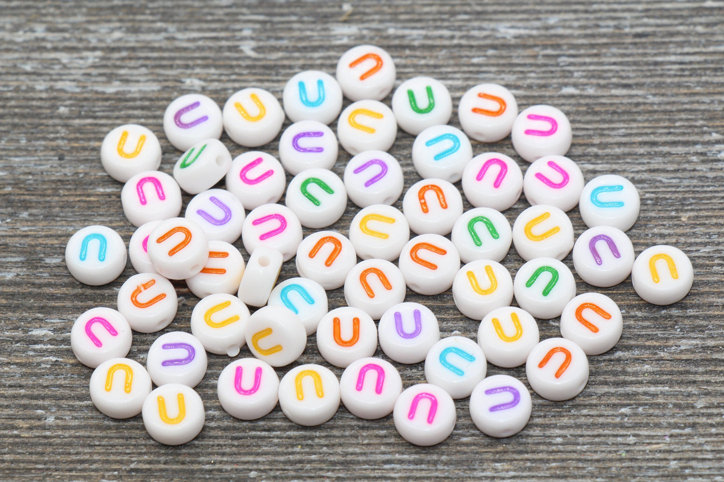 Letter U Alphabet Beads, Multicolored White Alphabet Letter Beads, Acrylic White Letters Beads, Round Acrylic Beads, Name Beads, Size 7mm