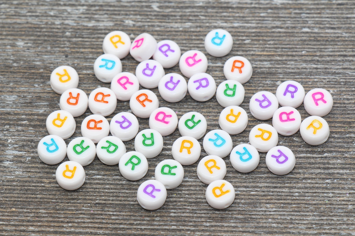 Letter R Alphabet Beads, Multicolored White Alphabet Letter Beads, Acrylic White Letters Beads, Round Acrylic Beads, Name Beads, Size 7mm