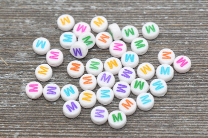 Letter M Alphabet Beads, Multicolored White Alphabet Letter Beads, Acrylic White Letters Beads, Round Acrylic Beads, Name Beads, Size 7mm