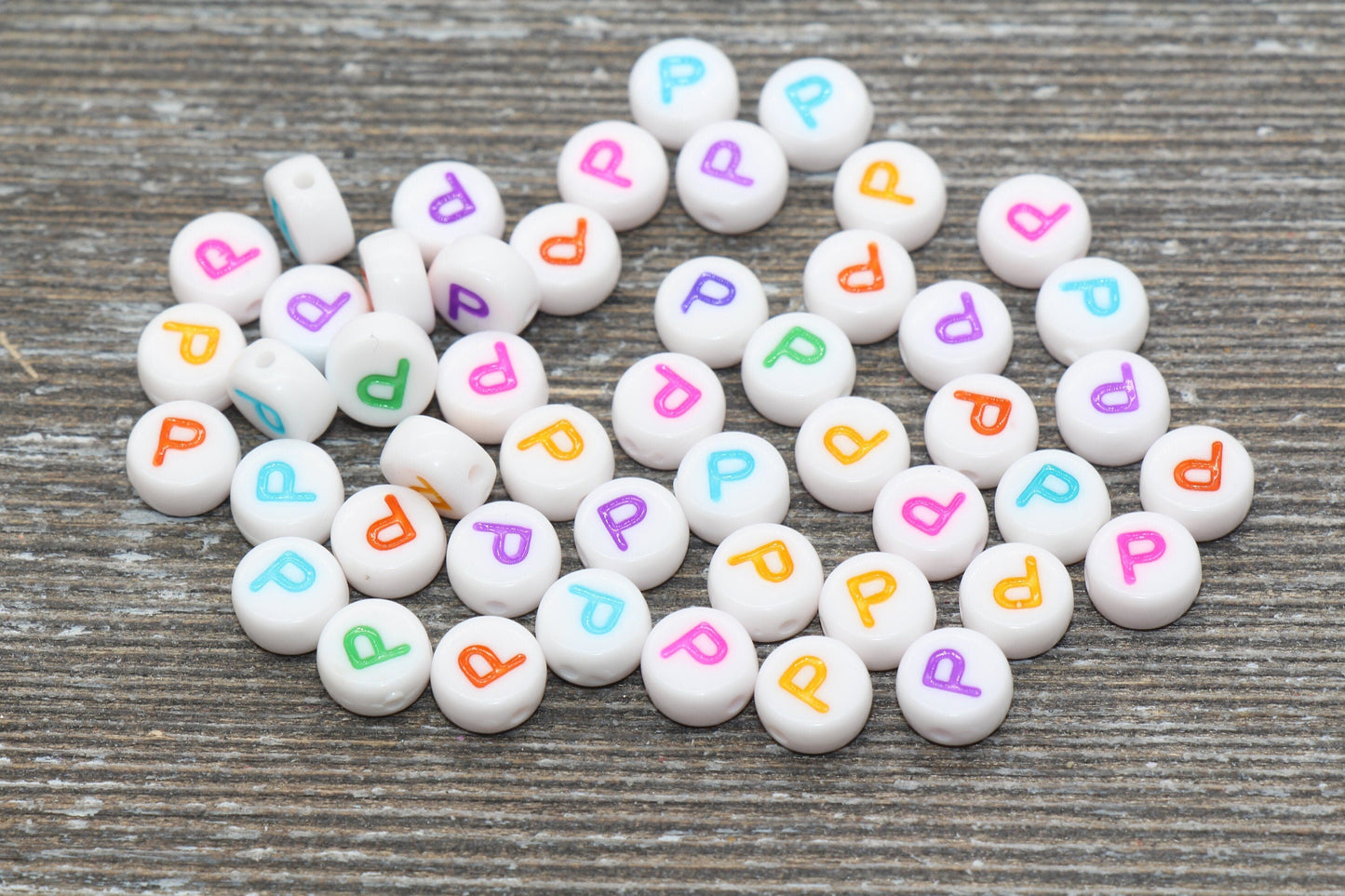 Letter P Alphabet Beads, Multicolored White Alphabet Letter Beads, Acrylic White Letters Beads, Round Acrylic Beads, Name Beads, Size 7mm