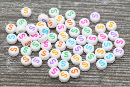 Letter S Alphabet Beads, Multicolored White Alphabet Letter Beads, Acrylic White Letters Beads, Round Acrylic Beads, Name Beads, Size 7mm