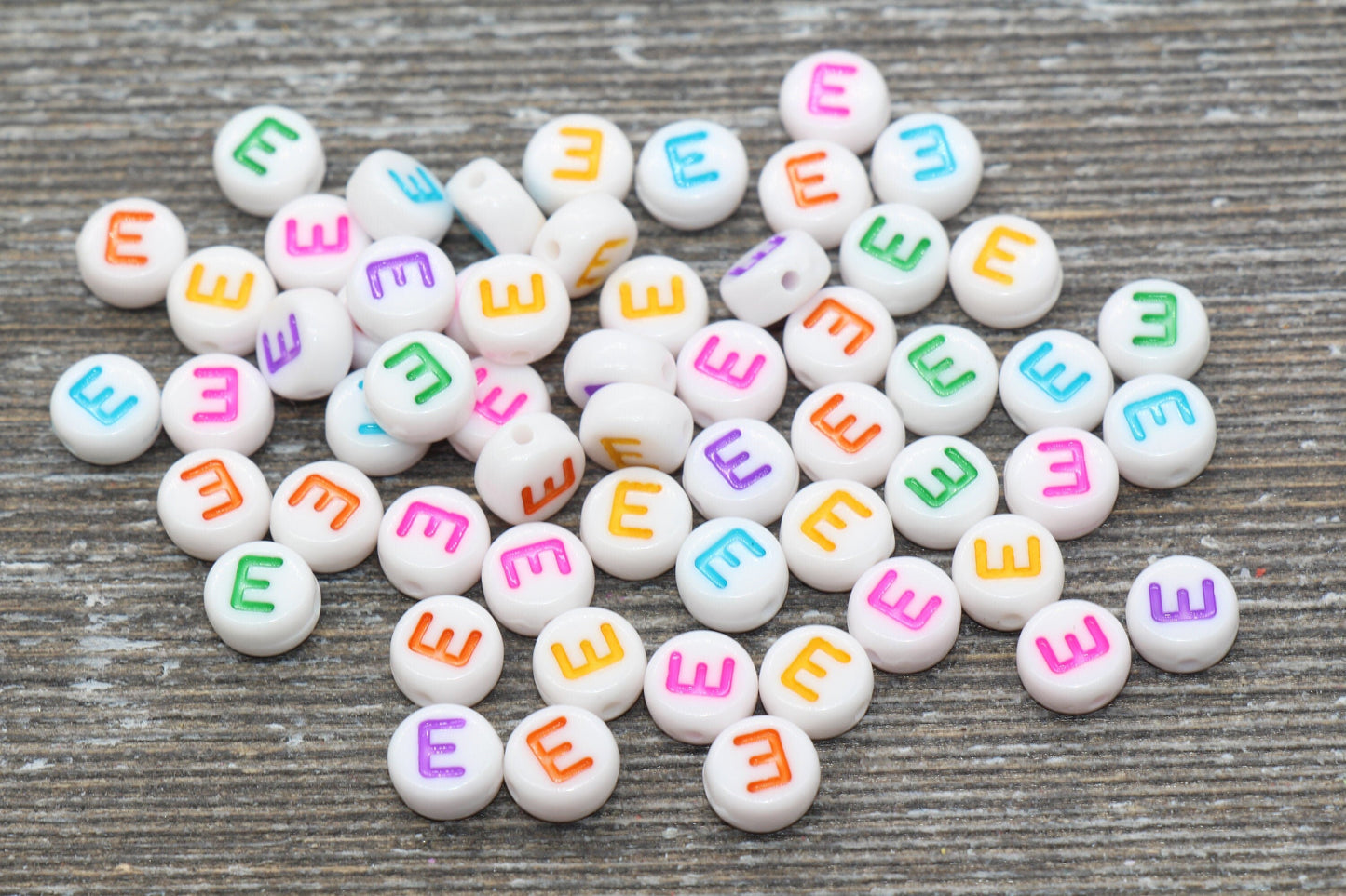 Letter E Alphabet Beads, Multicolored White Alphabet Letter Beads, Acrylic White Letters Beads, Round Acrylic Beads, Name Beads, Size 7mm