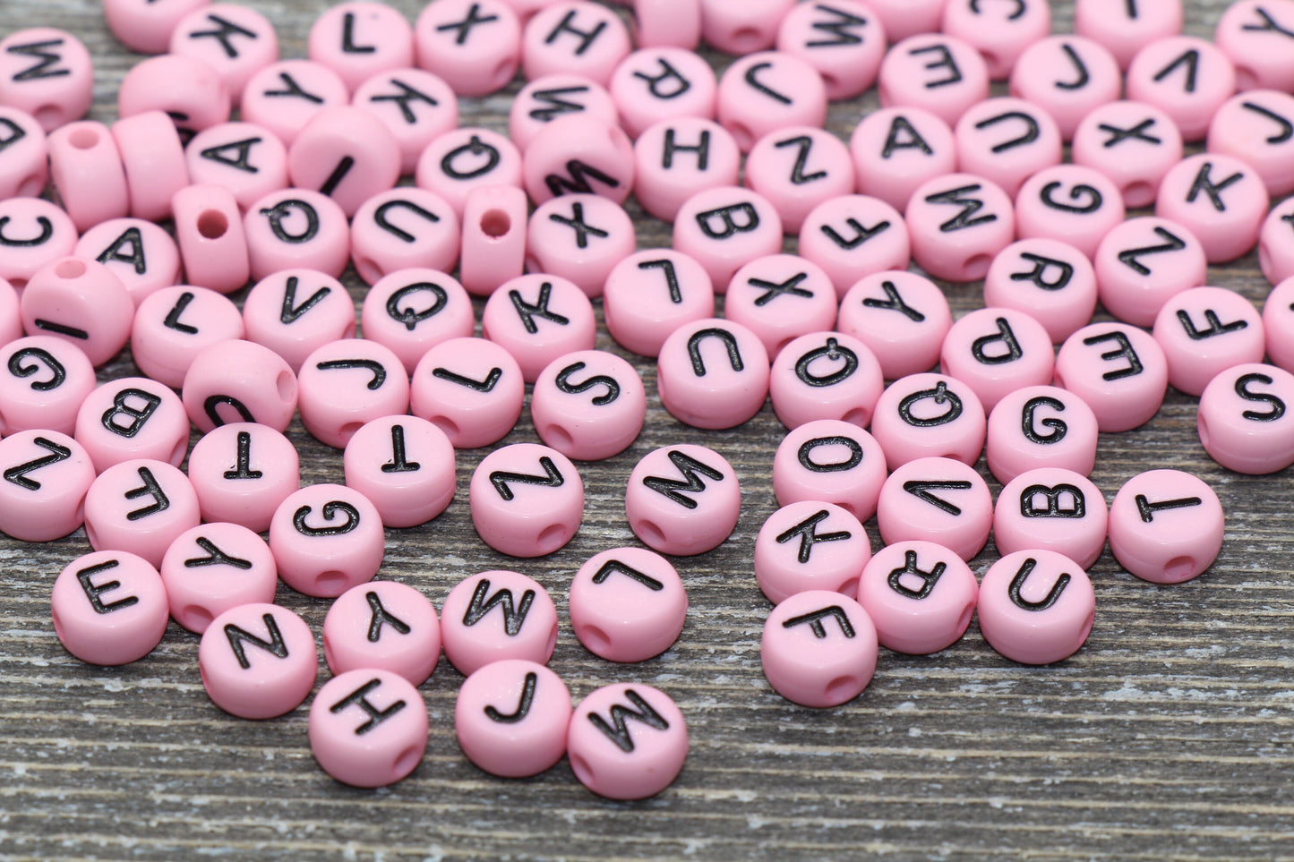 Light Pink Alphabet Letter Beads, Acrylic Pink with Black Letter Beads, Round Acrylic Beads, Name Initial Beads, Bracelet Beads, Size 7mm #5