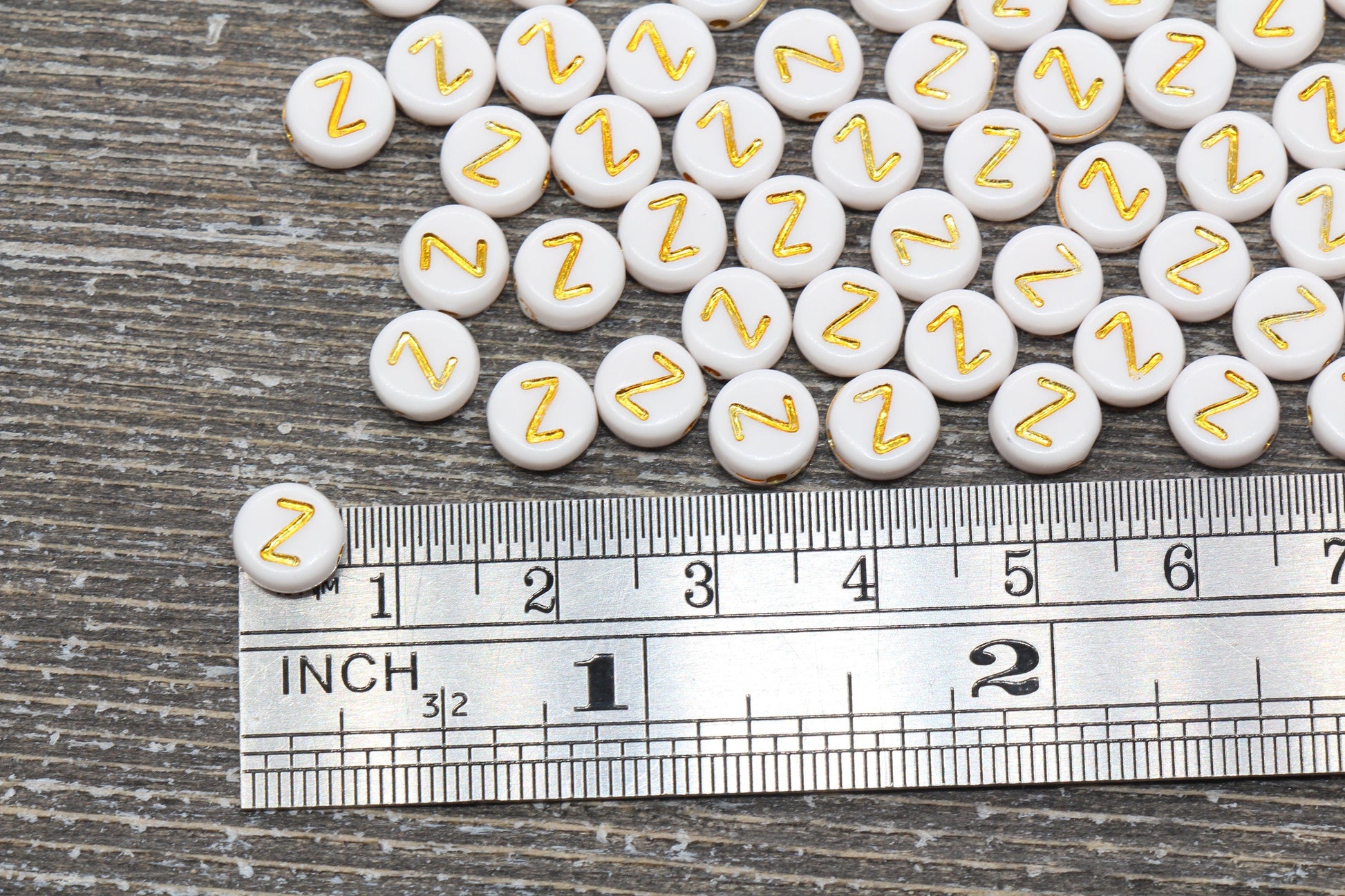 Letter Z Alphabet Beads, White and Gold Alphabet Letter Beads, Acrylic Gold Letters Beads, Round Acrylic Beads, Name Initial Beads, Size 7mm