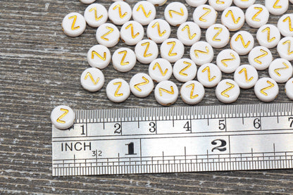 Letter Z Alphabet Beads, White and Gold Alphabet Letter Beads, Acrylic Gold Letters Beads, Round Acrylic Beads, Name Initial Beads, Size 7mm