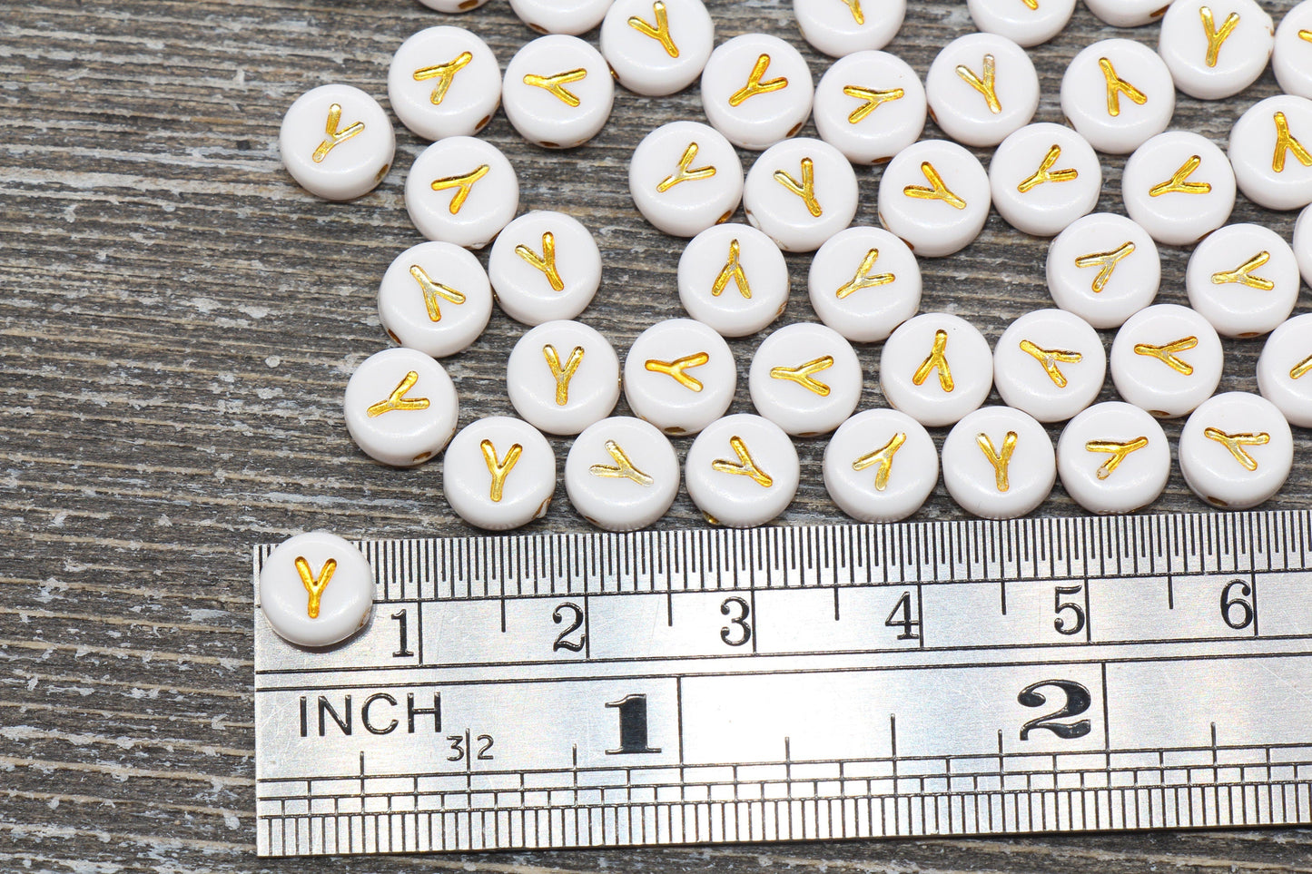 Letter Y Alphabet Beads, White and Gold Alphabet Letter Beads, Acrylic Gold Letters Beads, Round Acrylic Beads, Name Initial Beads, Size 7mm