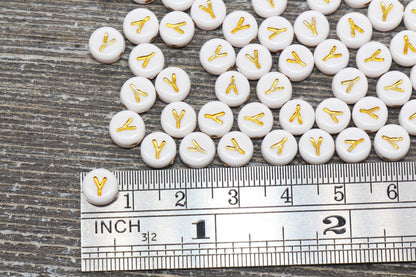 Letter Y Alphabet Beads, White and Gold Alphabet Letter Beads, Acrylic Gold Letters Beads, Round Acrylic Beads, Name Initial Beads, Size 7mm