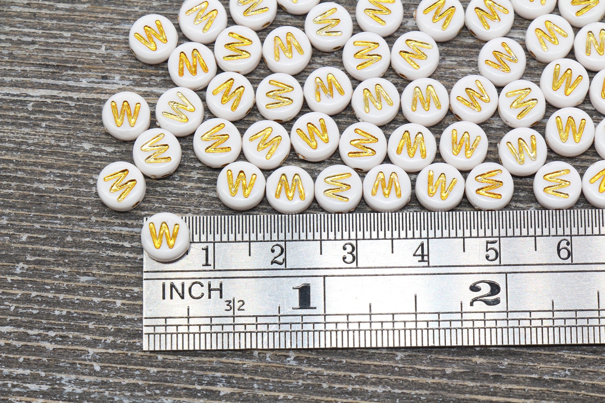 Letter W Alphabet Beads, White and Gold Alphabet Letter Beads, Acrylic Gold Letters Beads, Round Acrylic Beads, Name Initial Beads, Size 7mm