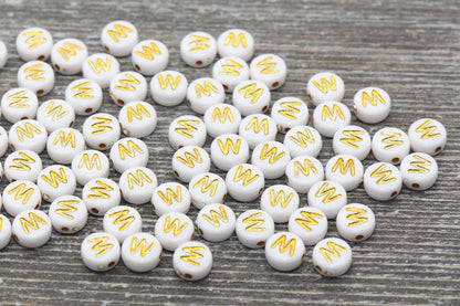 Letter W Alphabet Beads, White and Gold Alphabet Letter Beads, Acrylic Gold Letters Beads, Round Acrylic Beads, Name Initial Beads, Size 7mm