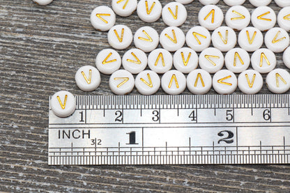 Letter V Alphabet Beads, White and Gold Alphabet Letter Beads, Acrylic Gold Letters Beads, Round Acrylic Beads, Name Initial Beads, Size 7mm