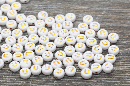 Letter U Alphabet Beads, White and Gold Alphabet Letter Beads, Acrylic Gold Letters Beads, Round Acrylic Beads, Name Initial Beads, Size 7mm