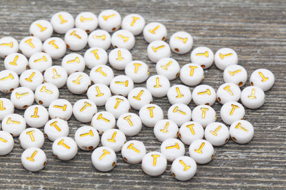 Letter T Alphabet Beads, White and Gold Alphabet Letter Beads, Acrylic Gold Letters Beads, Round Acrylic Beads, Name Initial Beads, Size 7mm