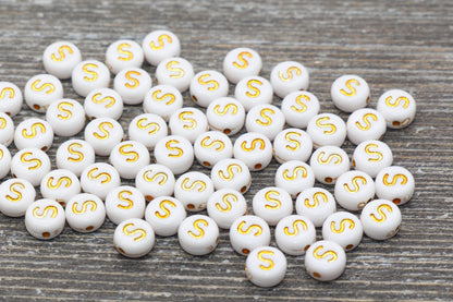 Letter S Alphabet Beads, White and Gold Alphabet Letter Beads, Acrylic Gold Letters Beads, Round Acrylic Beads, Name Initial Beads, Size 7mm