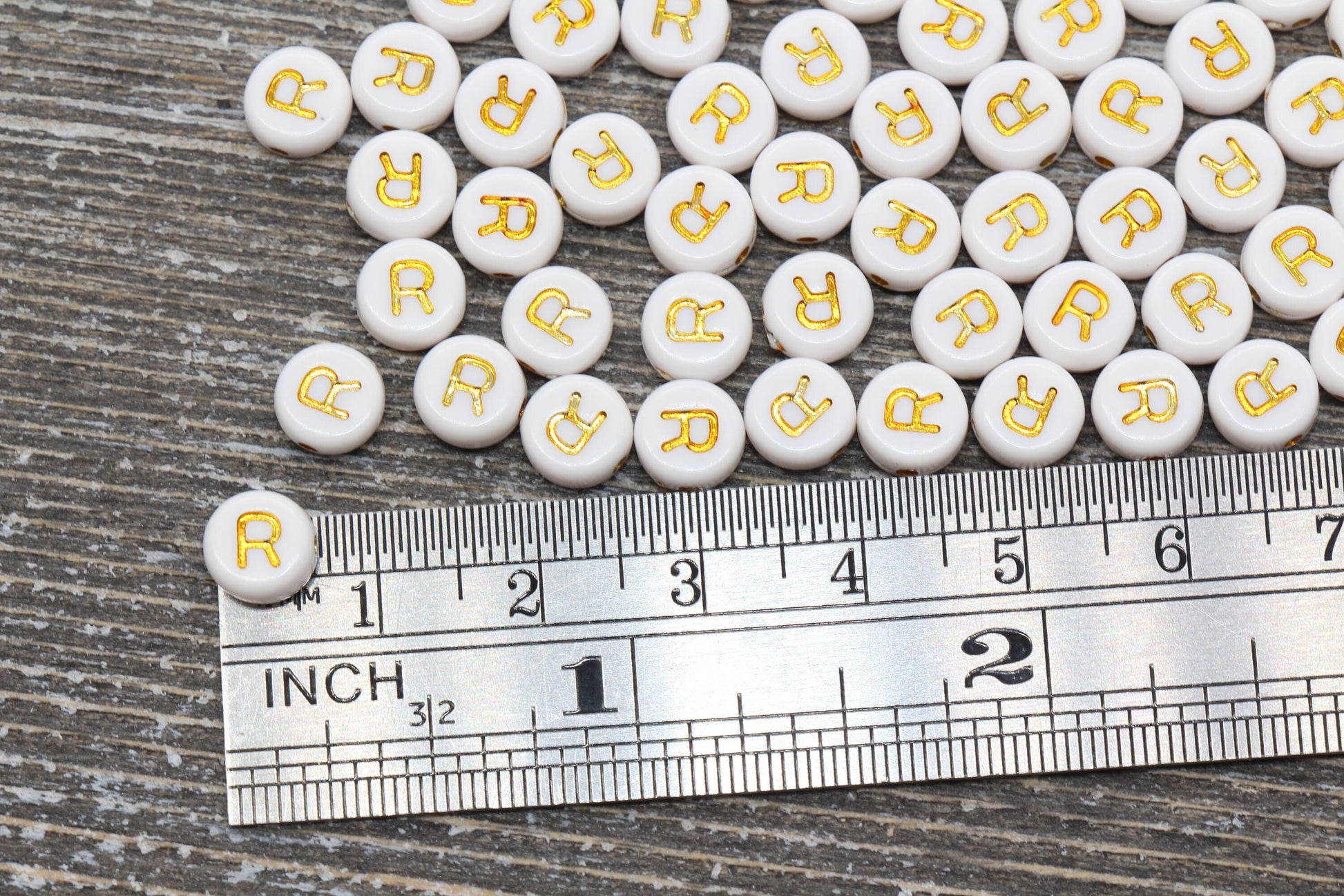 Letter R Alphabet Beads, White and Gold Alphabet Letter Beads, Acrylic Gold Letters Beads, Round Acrylic Beads, Name Initial Beads, Size 7mm