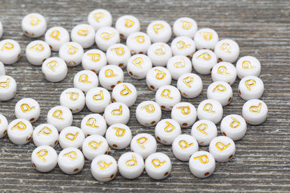 Letter P Alphabet Beads, White and Gold Alphabet Letter Beads, Acrylic Gold Letters Beads, Round Acrylic Beads, Name Initial Beads, Size 7mm