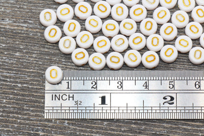 Letter O Alphabet Beads, White and Gold Alphabet Letter Beads, Acrylic Gold Letters Beads, Round Acrylic Beads, Name Initial Beads, Size 7mm