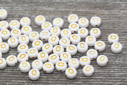 Letter O Alphabet Beads, White and Gold Alphabet Letter Beads, Acrylic Gold Letters Beads, Round Acrylic Beads, Name Initial Beads, Size 7mm