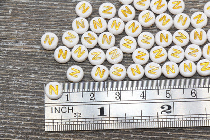 Letter N Alphabet Beads, White and Gold Alphabet Letter Beads, Acrylic Gold Letters Beads, Round Acrylic Beads, Name Initial Beads, Size 7mm