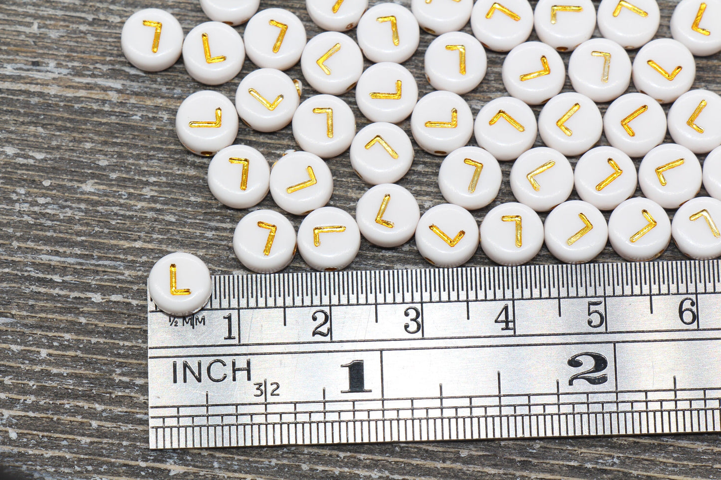 Letter L Alphabet Beads, White and Gold Alphabet Letter Beads, Acrylic Gold Letters Beads, Round Acrylic Beads, Name Initial Beads, Size 7mm