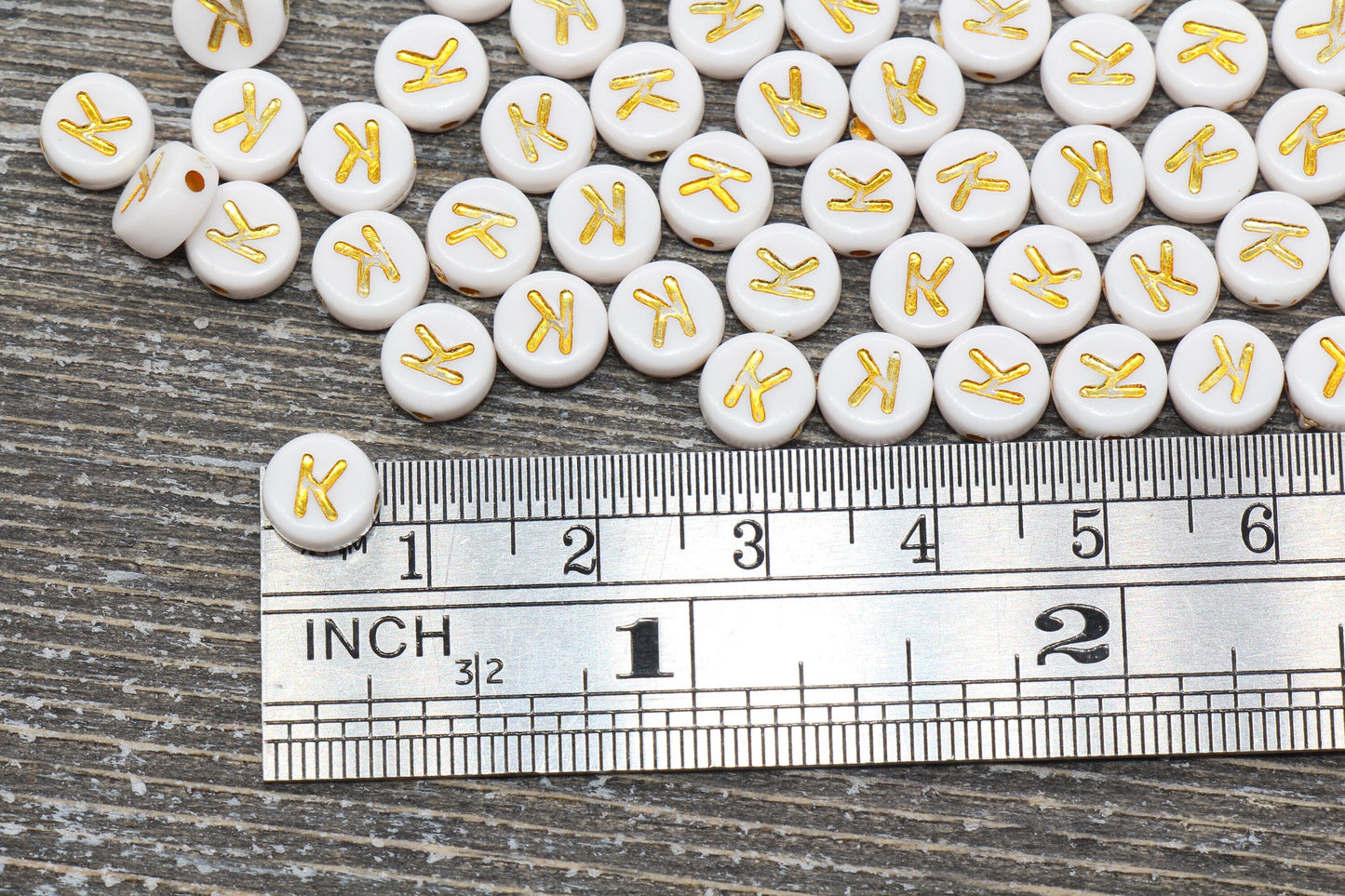 Letter K Alphabet Beads, White and Gold Alphabet Letter Beads, Acrylic Gold Letters Beads, Round Acrylic Beads, Name Initial Beads, Size 7mm