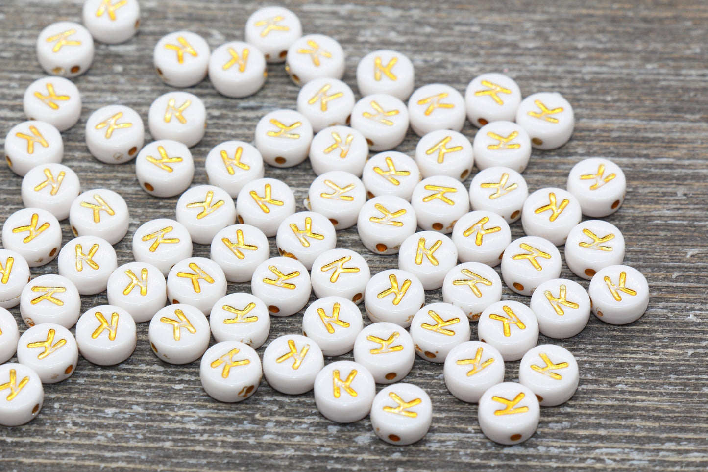 Letter K Alphabet Beads, White and Gold Alphabet Letter Beads, Acrylic Gold Letters Beads, Round Acrylic Beads, Name Initial Beads, Size 7mm