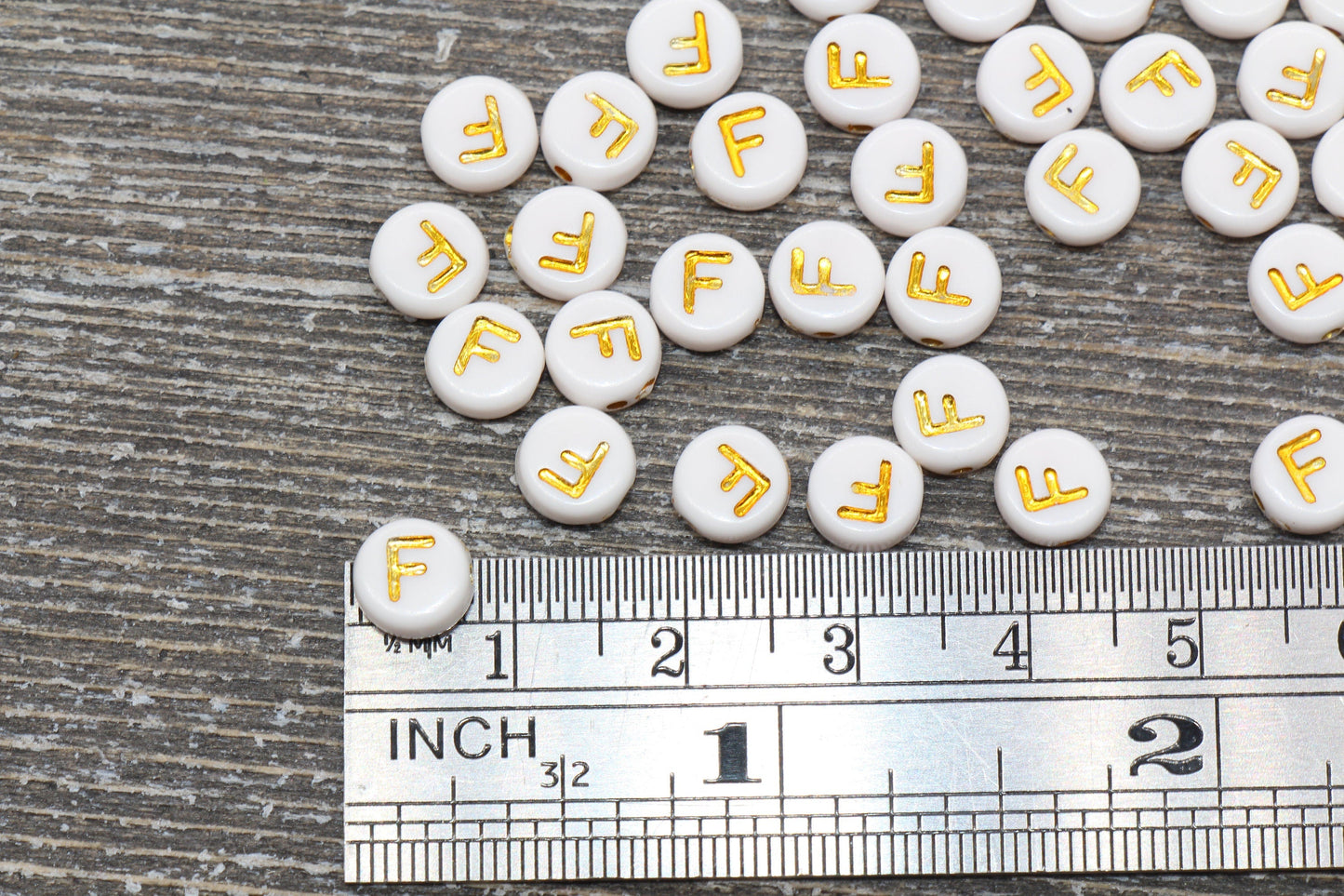 Letter F Alphabet Beads, White and Gold Alphabet Letter Beads, Acrylic Gold Letters Beads, Round Acrylic Beads, Name Initial Beads, Size 7mm