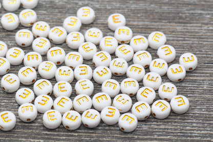 Letter E Alphabet Beads, White and Gold Alphabet Letter Beads, Acrylic Gold Letters Beads, Round Acrylic Beads, Name Initial Beads, Size 7mm