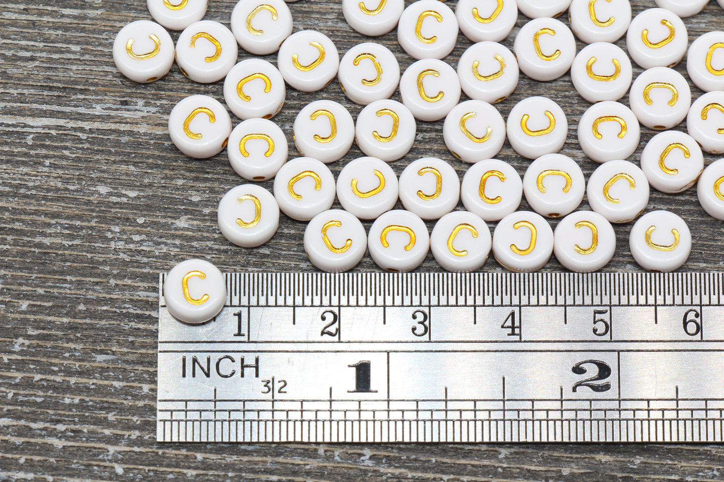 Letter C Alphabet Beads, White and Gold Alphabet Letter Beads, Acrylic Gold Letters Beads, Round Acrylic Beads, Name Initial Beads, Size 7mm