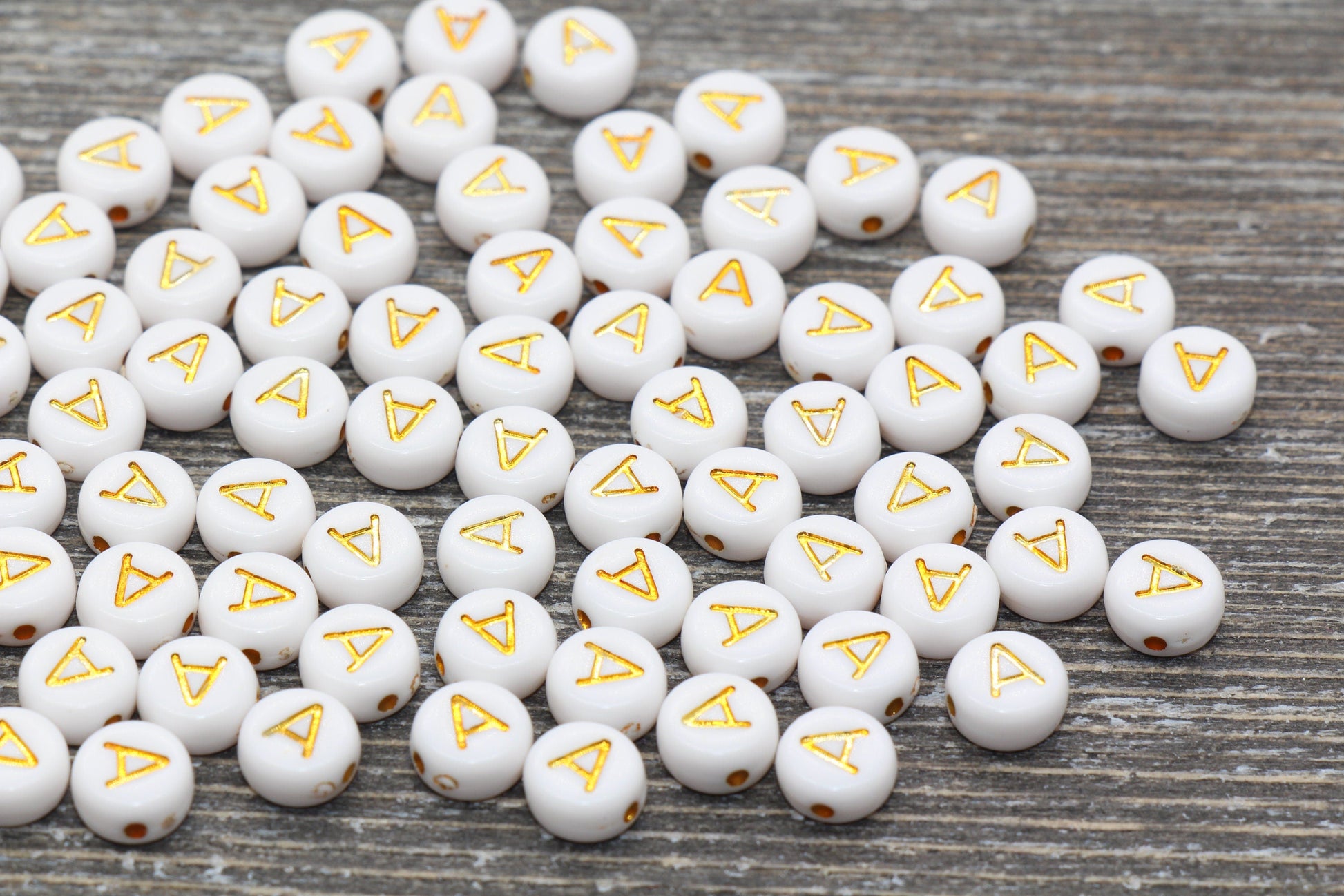 Letter A Alphabet Beads, White and Gold Alphabet Letter Beads, Acrylic Gold Letters Beads, Round Acrylic Beads, Name Initial Beads, Size 7mm