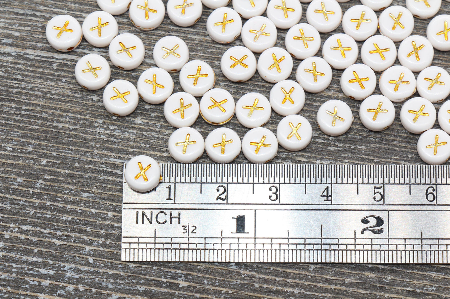 Letter X Alphabet Beads, White and Gold Alphabet Letter Beads, Acrylic Gold Letters Beads, Round Acrylic Beads, Name Initial Beads, Size 7mm