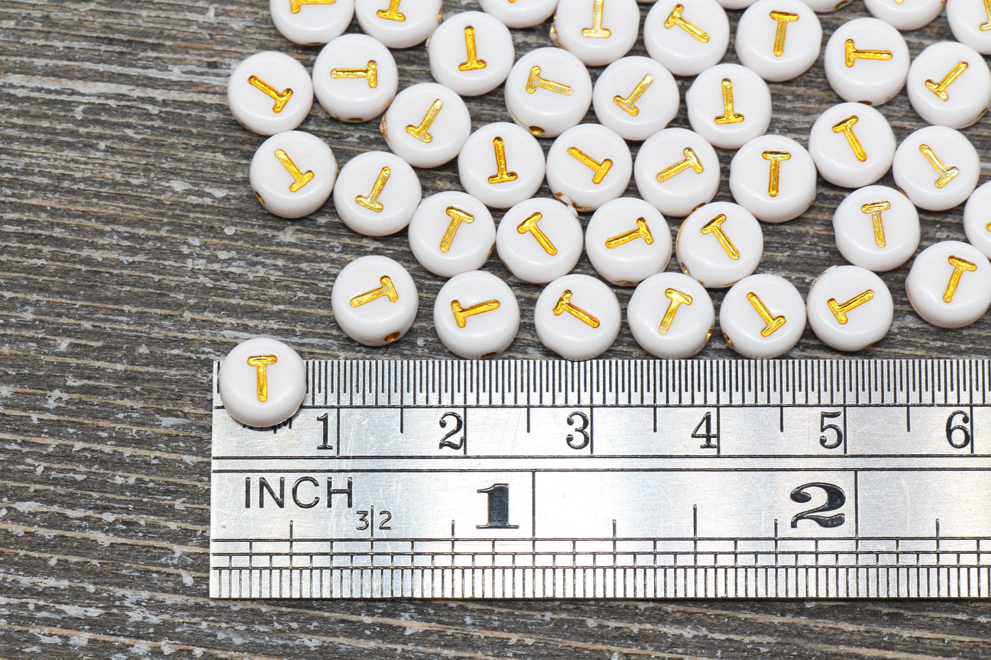 Letter T Alphabet Beads, White and Gold Alphabet Letter Beads, Acrylic Gold Letters Beads, Round Acrylic Beads, Name Initial Beads, Size 7mm