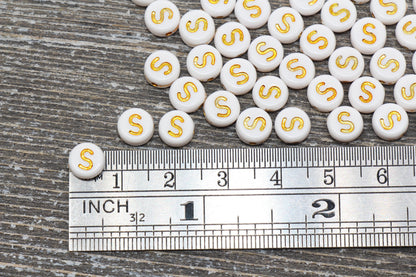 Letter S Alphabet Beads, White and Gold Alphabet Letter Beads, Acrylic Gold Letters Beads, Round Acrylic Beads, Name Initial Beads, Size 7mm