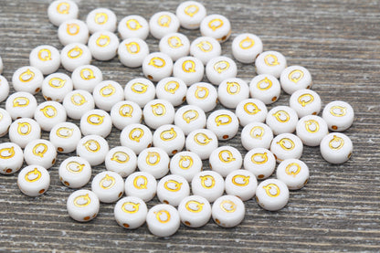 Letter Q Alphabet Beads, White and Gold Alphabet Letter Beads, Acrylic Gold Letters Beads, Round Acrylic Beads, Name Initial Beads, Size 7mm