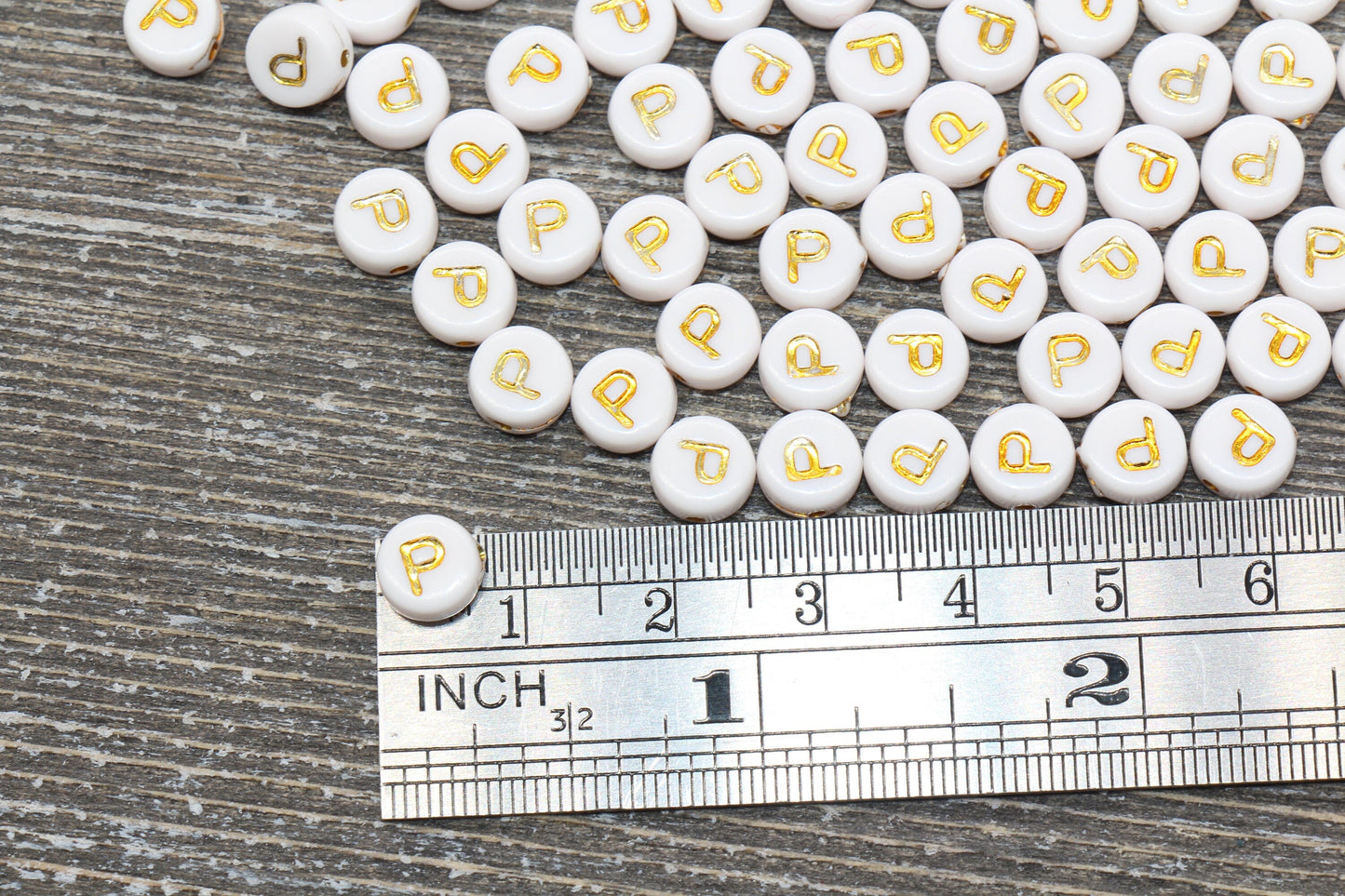 Letter P Alphabet Beads, White and Gold Alphabet Letter Beads, Acrylic Gold Letters Beads, Round Acrylic Beads, Name Initial Beads, Size 7mm