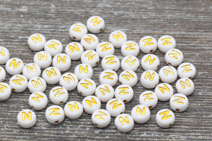 Letter N Alphabet Beads, White and Gold Alphabet Letter Beads, Acrylic Gold Letters Beads, Round Acrylic Beads, Name Initial Beads, Size 7mm