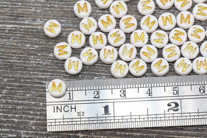 Letter M Alphabet Beads, White and Gold Alphabet Letter Beads, Acrylic Gold Letters Beads, Round Acrylic Beads, Name Initial Beads, Size 7mm