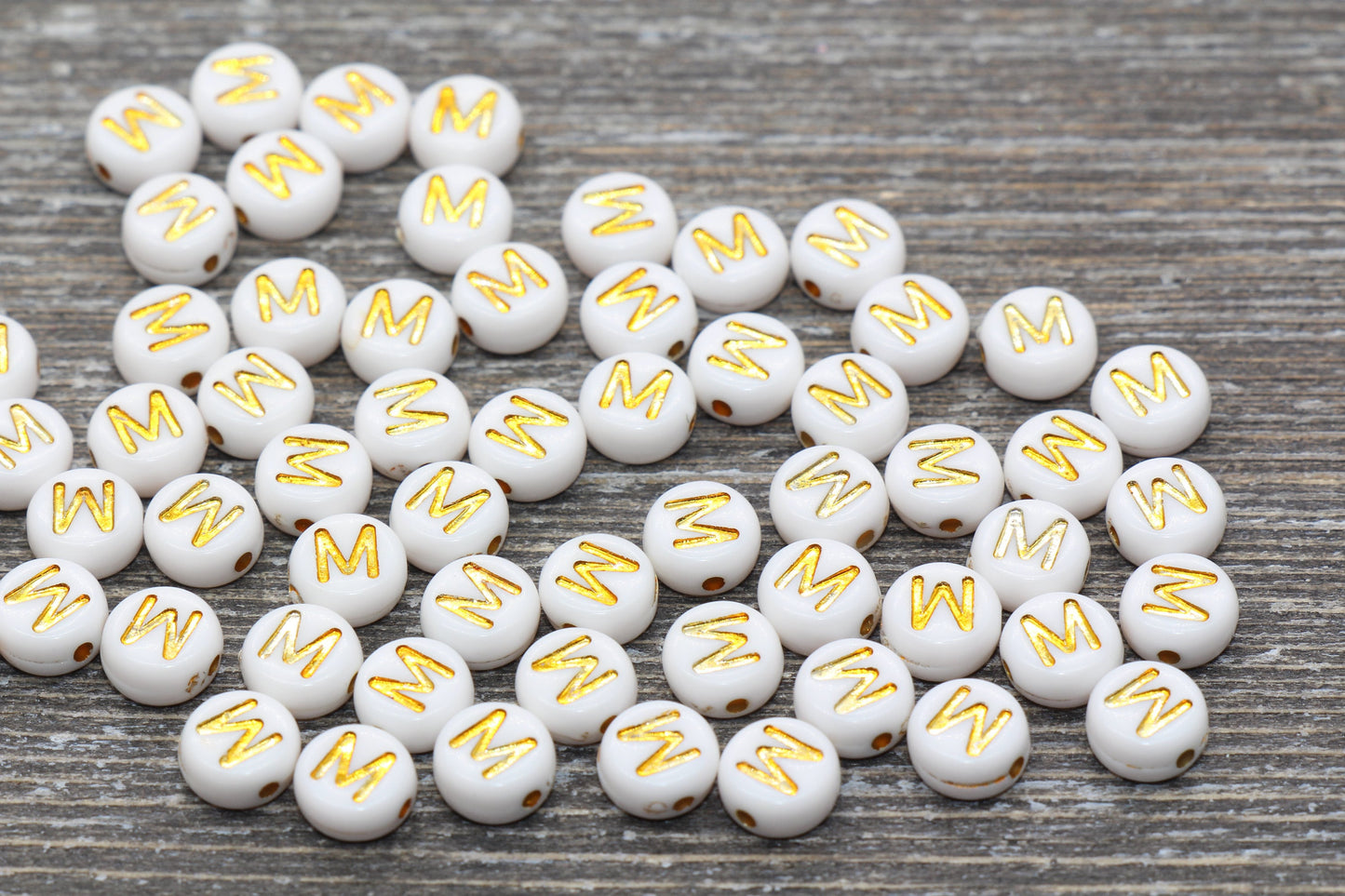 Letter M Alphabet Beads, White and Gold Alphabet Letter Beads, Acrylic Gold Letters Beads, Round Acrylic Beads, Name Initial Beads, Size 7mm