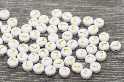 Letter L Alphabet Beads, White and Gold Alphabet Letter Beads, Acrylic Gold Letters Beads, Round Acrylic Beads, Name Initial Beads, Size 7mm