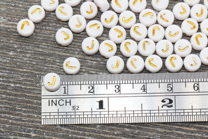 Letter J Alphabet Beads, White and Gold Alphabet Letter Beads, Acrylic Gold Letters Beads, Round Acrylic Beads, Name Initial Beads, Size 7mm