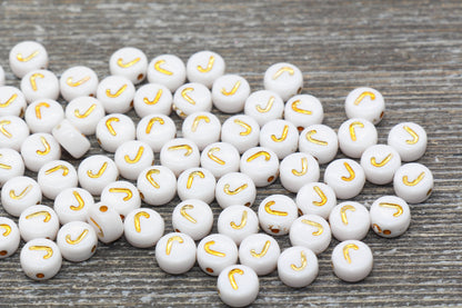 Letter J Alphabet Beads, White and Gold Alphabet Letter Beads, Acrylic Gold Letters Beads, Round Acrylic Beads, Name Initial Beads, Size 7mm