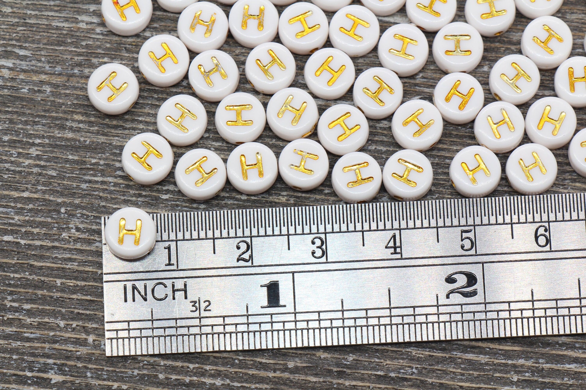 Letter H Alphabet Beads, White and Gold Alphabet Letter Beads, Acrylic Gold Letters Beads, Round Acrylic Beads, Name Initial Beads, Size 7mm