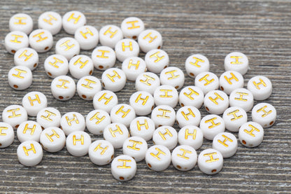 Letter H Alphabet Beads, White and Gold Alphabet Letter Beads, Acrylic Gold Letters Beads, Round Acrylic Beads, Name Initial Beads, Size 7mm