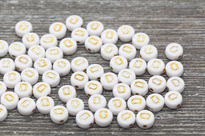 Letter D Alphabet Beads, White and Gold Alphabet Letter Beads, Acrylic Gold Letters Beads, Round Acrylic Beads, Name Initial Beads, Size 7mm