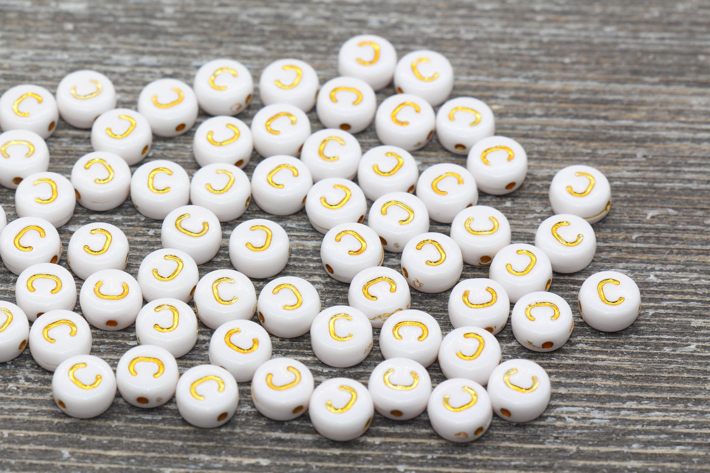 Letter C Alphabet Beads, White and Gold Alphabet Letter Beads, Acrylic Gold Letters Beads, Round Acrylic Beads, Name Initial Beads, Size 7mm