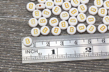 Letter B Alphabet Beads, White and Gold Alphabet Letter Beads, Acrylic Gold Letters Beads, Round Acrylic Beads, Name Initial Beads, Size 7mm