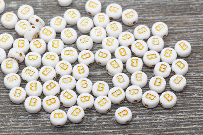 Letter B Alphabet Beads, White and Gold Alphabet Letter Beads, Acrylic Gold Letters Beads, Round Acrylic Beads, Name Initial Beads, Size 7mm