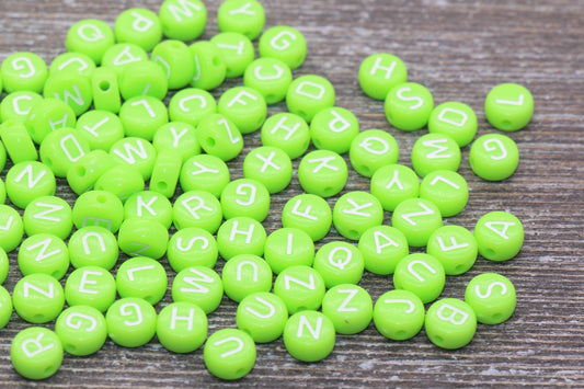 Green Alphabet Letter Beads, Mix Letter Beads, Acrylic Green and White Letter Beads, Round Acrylic Beads, Initial Beads, Name Beads 7mm #42