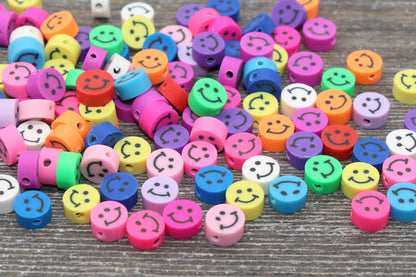 Smiley Face Polymer Clay Beads, Multicolored Happy Face Emoji Fimo Cane Beads, Assorted Smiley Face Beads, Rainbow Happy Face Slice Beads